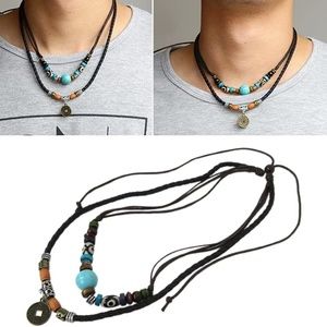 Bohemian Adjustable Necklace Choker Turquoise Bead Boho Feather Bead Pendant
